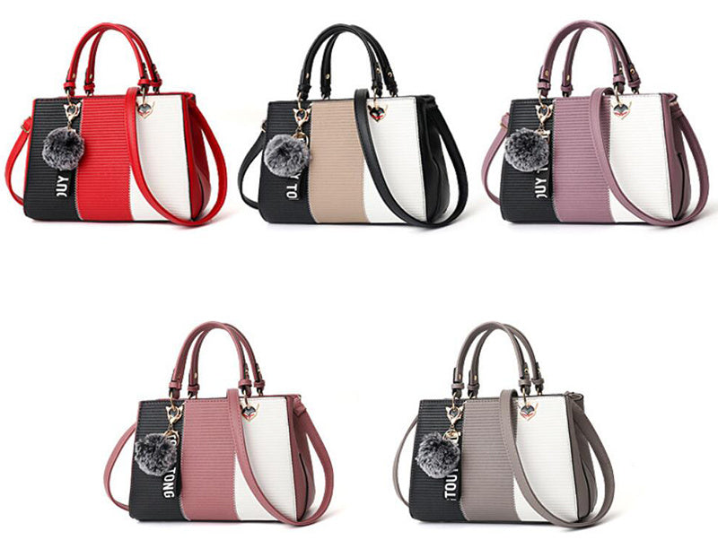 Women's Patchwork Handbag with Hairball Charm