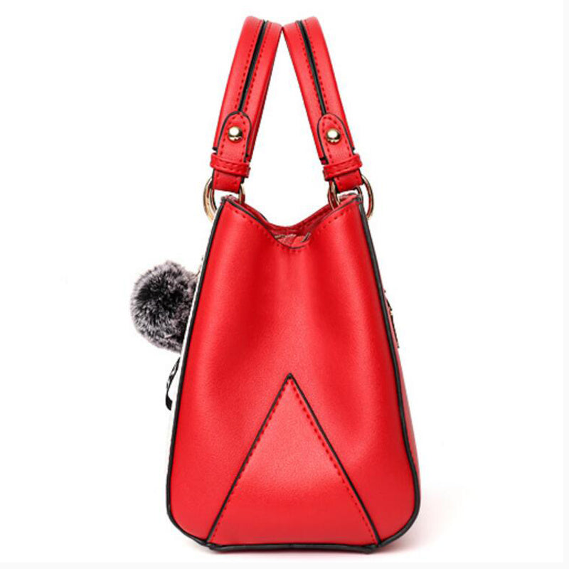 Women's Patchwork Handbag with Hairball Charm